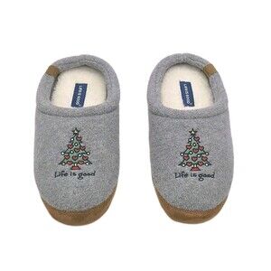 Life Is Good Slippers Scuffs Women Sz Medium 7/8 Christmas Tree Slip On Gray